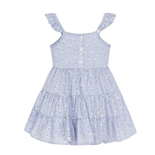 Girls Blue Daisy Stripe Cotton Dress