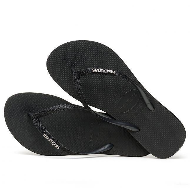 Womens Black Slim Sparkle Flip Flops