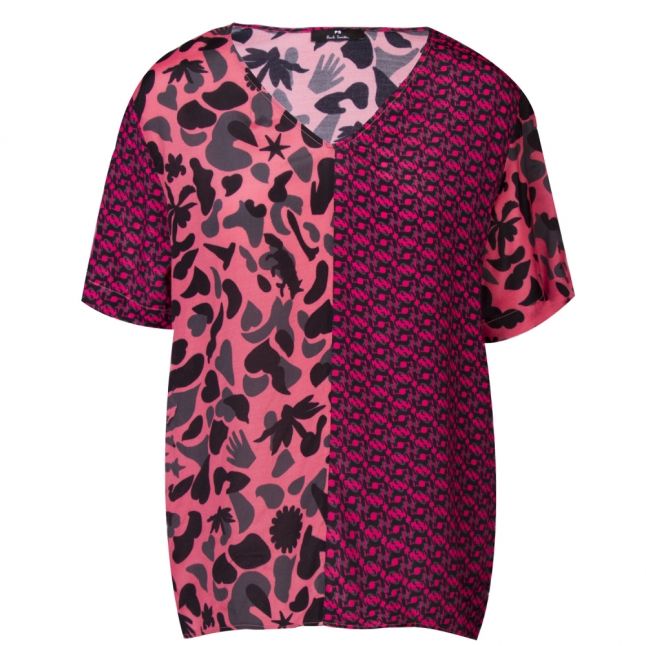 Womens Raspberry Camo Fox Woven V Neck T Shirt