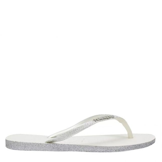 Womens White Slim Sparkle Flip Flops