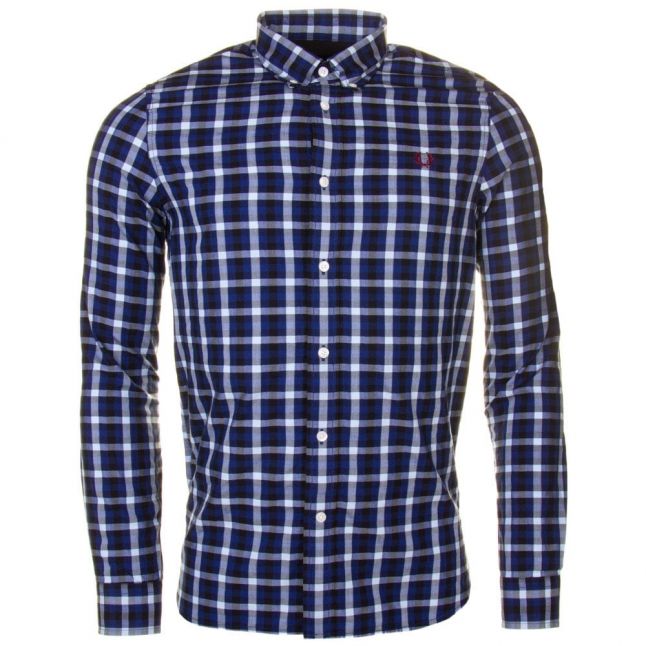 Mens Mid Blue Herringbone Gingham L/s Shirt