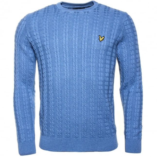 Mens Dusk Blue Cable Crew Knitted Jumper