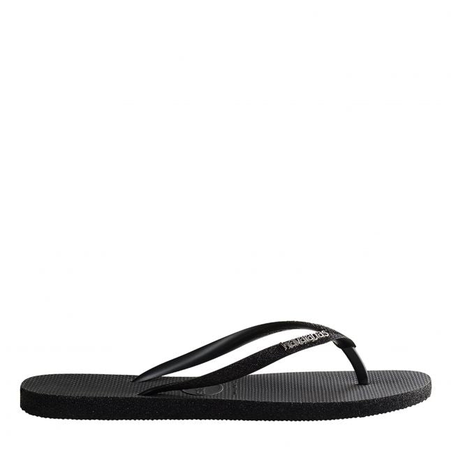 Womens Black Slim Sparkle Flip Flops