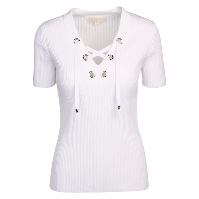 Womens White Lace Up Ribbed Top