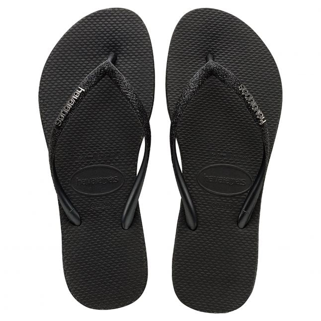 Womens Black Slim Sparkle Flip Flops