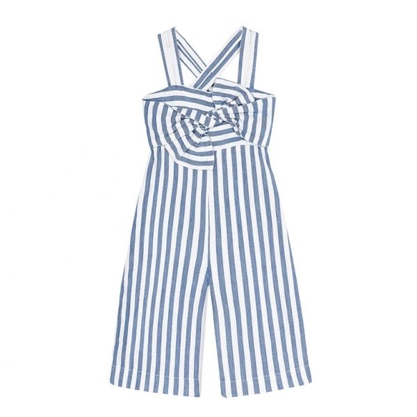 Girls Blue Stripe Bow Jumpsuit