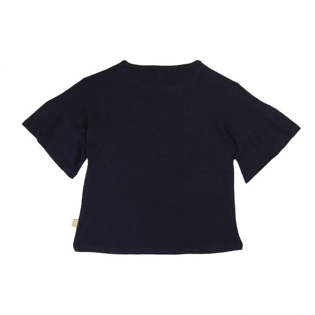 Girls Navy Glitter Logo Ruffle Sleeve S/s T Shirt