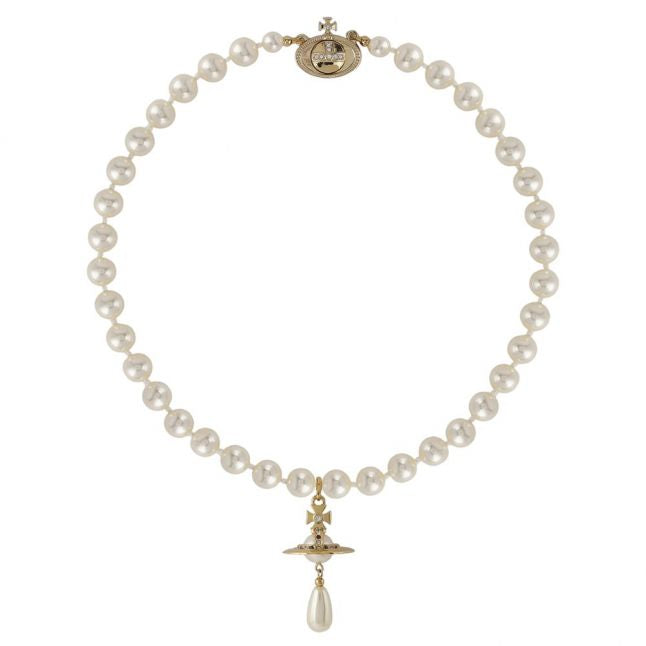 Womens Gold/Pearl One Row Pearl Drop Choker