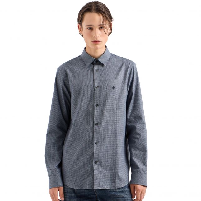 Mens Dark Blue Micro Check L/s Shirt