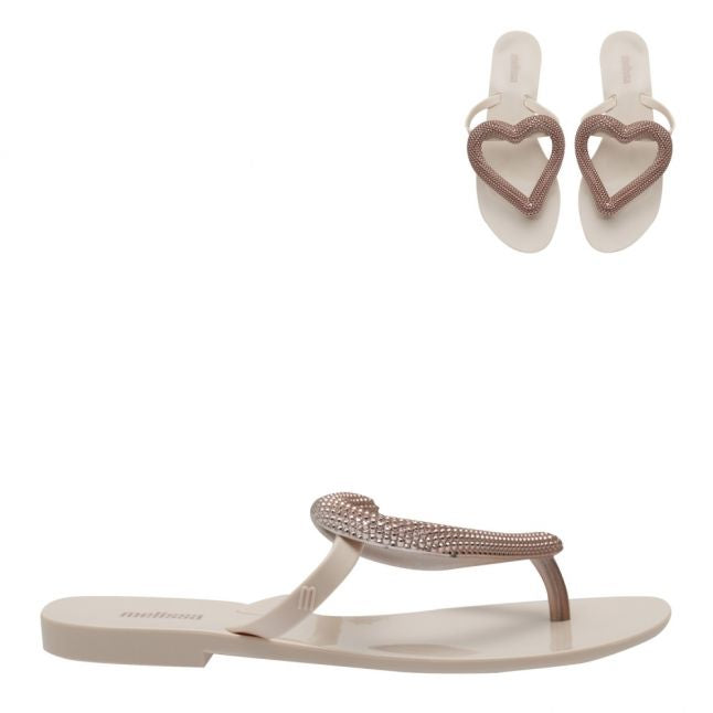 Womens Pink Nude Big Heart Chrome Flip Flops