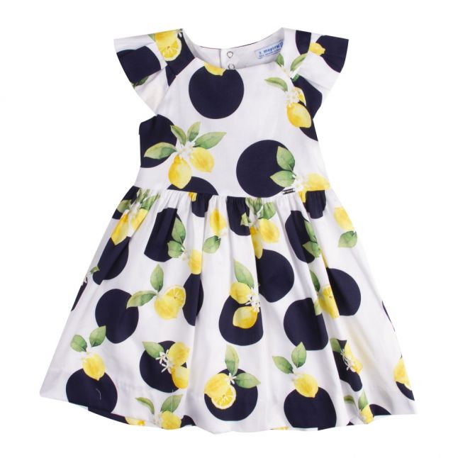 Girls White/Navy Lemon Spot Printed Dress