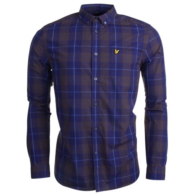 Mens Navy Poplin Check L/s Shirt