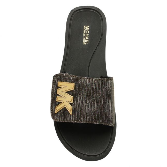 Womens Black/Gold Glitter Mesh Slides