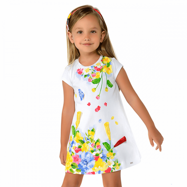 Girls White/Yellow Flower Printed Dress