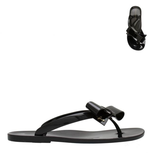 Womens Black Bejouw Bow Jelly Flip Flops