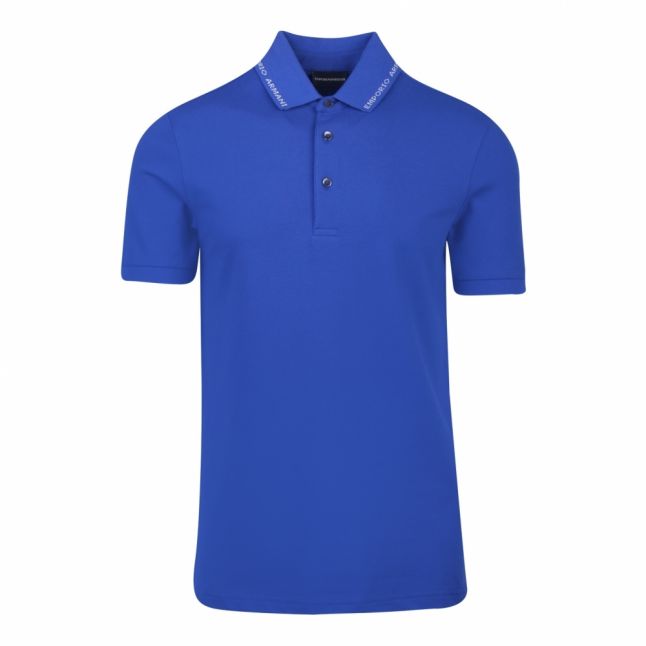 Mens Blue Branded Collar Trim S/s Polo Shirt