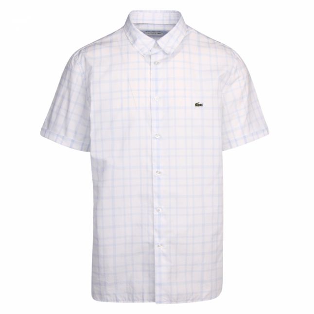 Mens White/Blue Stripe Check Slim Fit S/s Shirt