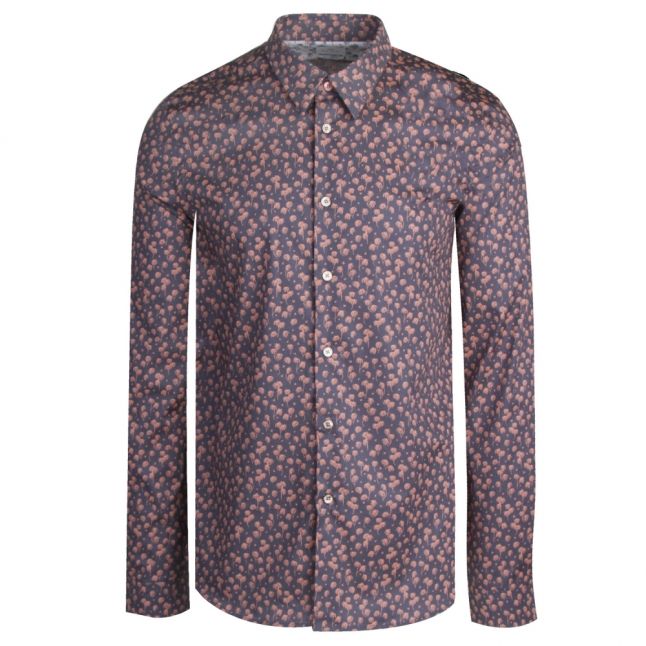 Mens Navy Palm Print Tailored L/s Shirt