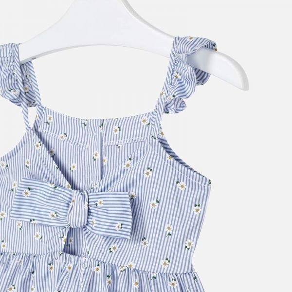 Girls Blue Daisy Stripe Cotton Dress