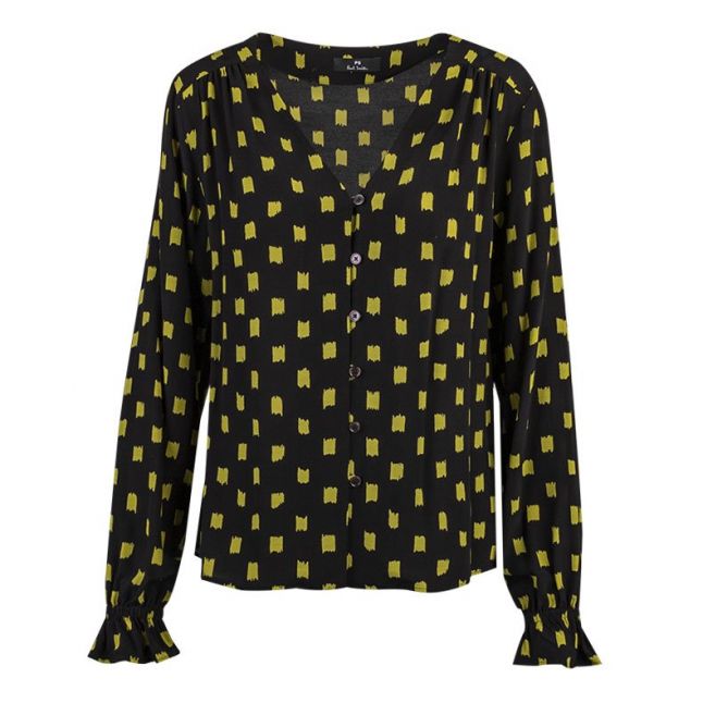 Womens Black Printed V Neck Blouse