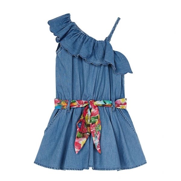 Girls Light Blue Frill Denim Playsuit