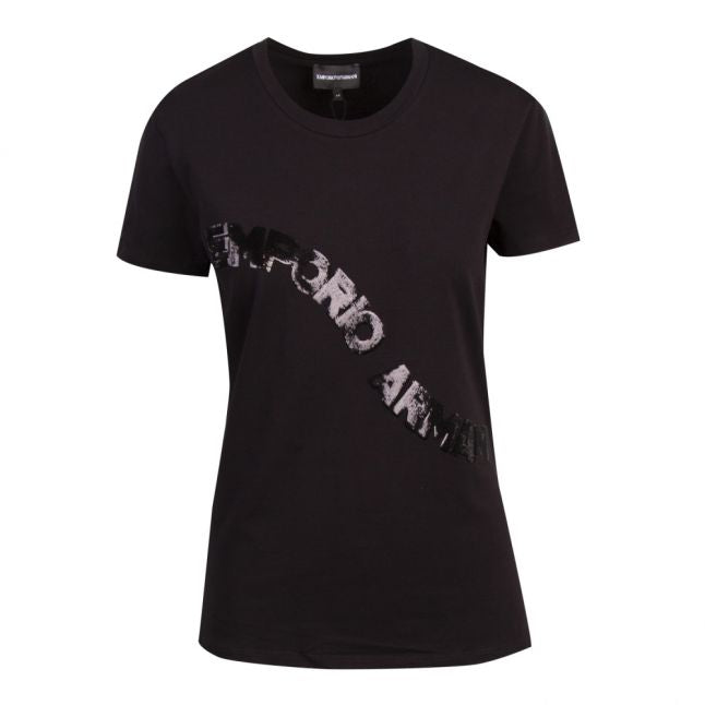 Womens Black Sequin Wave Logo S/s T Shirt