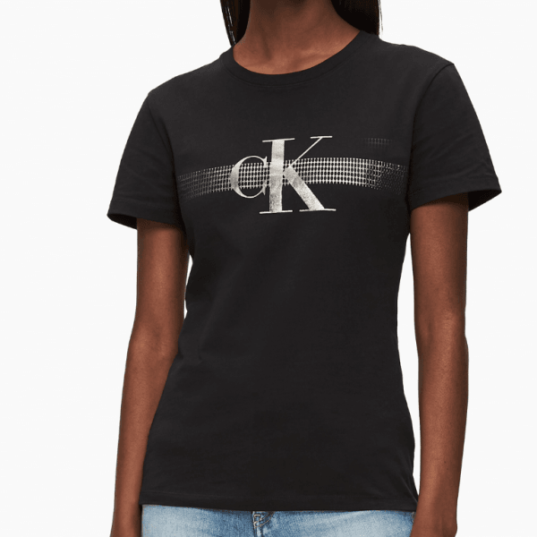 Womens Black Metallic Mesh CK Slim S/s T Shirt