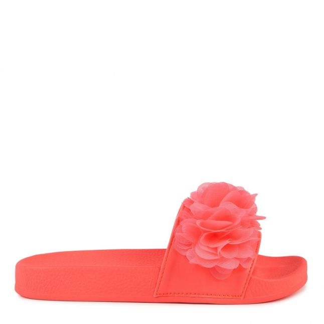 Girls Pink Fluoro Pleated Flower Slides (27-37)