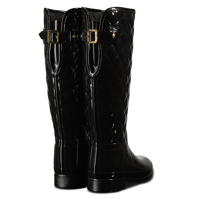 Womens Black Refined Gloss Quilted Tall Wellington Boots