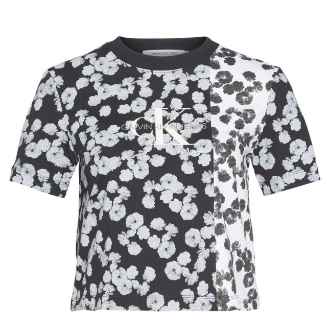 Womens Black Peony Floral Blocking Straight S/s T Shirt