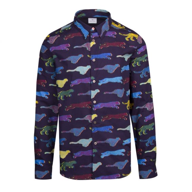 Mens Navy Multi Cheetah Print Tailored L/s Shirt