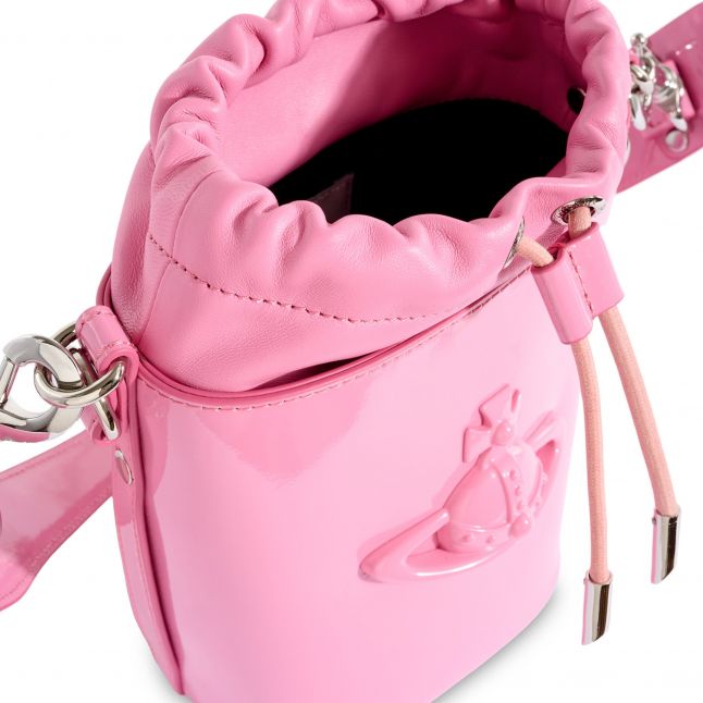 Womens Pink Enamel Orb Kitty Shiny Leather Bucket Bag