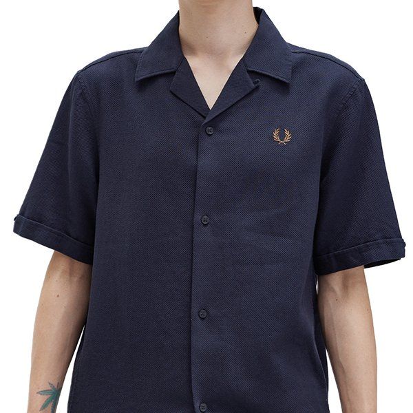 Mens Navy Linen Revere Collar S/s Shirt