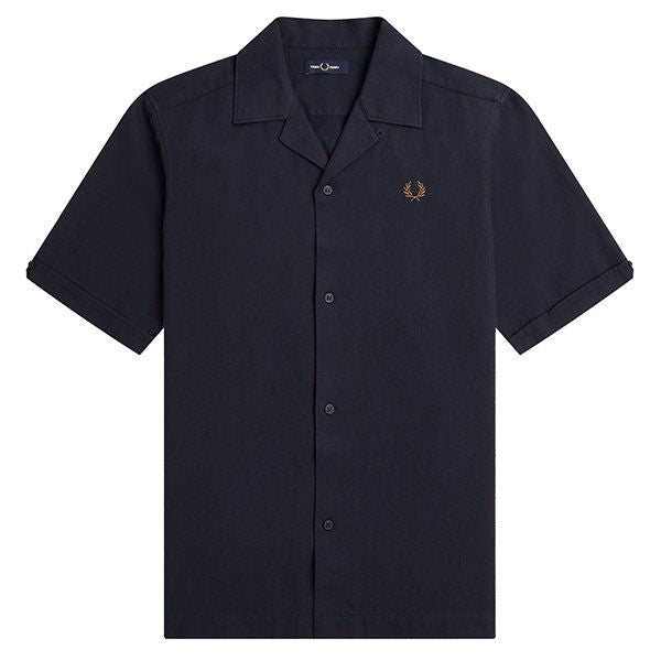 Mens Navy Linen Revere Collar S/s Shirt