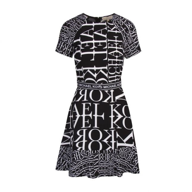 Womens Black Newsprint Belted Dress