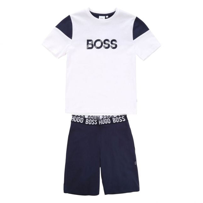 Boys White/Navy Branded Lounge T Shirt & Shorts Set