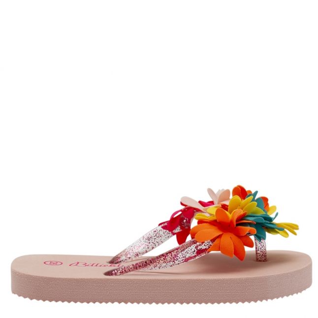 Girls Washed Pink Glitter Floral Flip Flops (8-4.5)