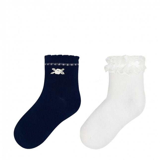 Girls Navy/White Frill & Flower 2 Pack Socks