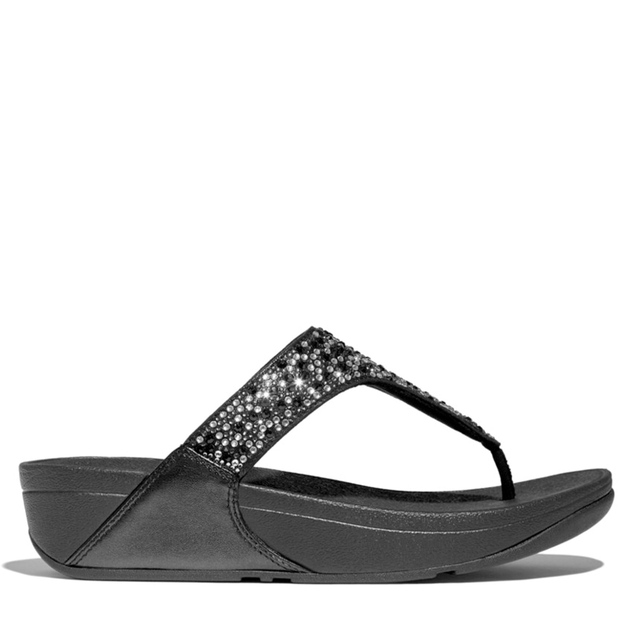 Womens FitFlop All Black Lulu Crystal Mix Toe Post Sandals