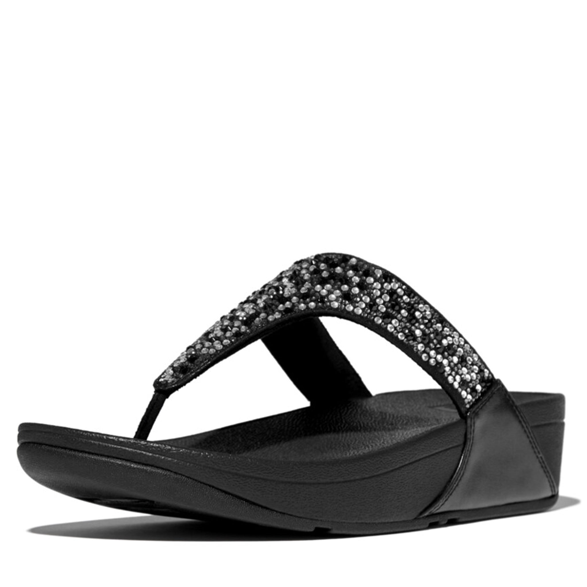 Womens FitFlop All Black Lulu Crystal Mix Toe Post Sandals