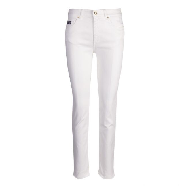 Womens White Printed Pocket Logo Slim Fit Jeans