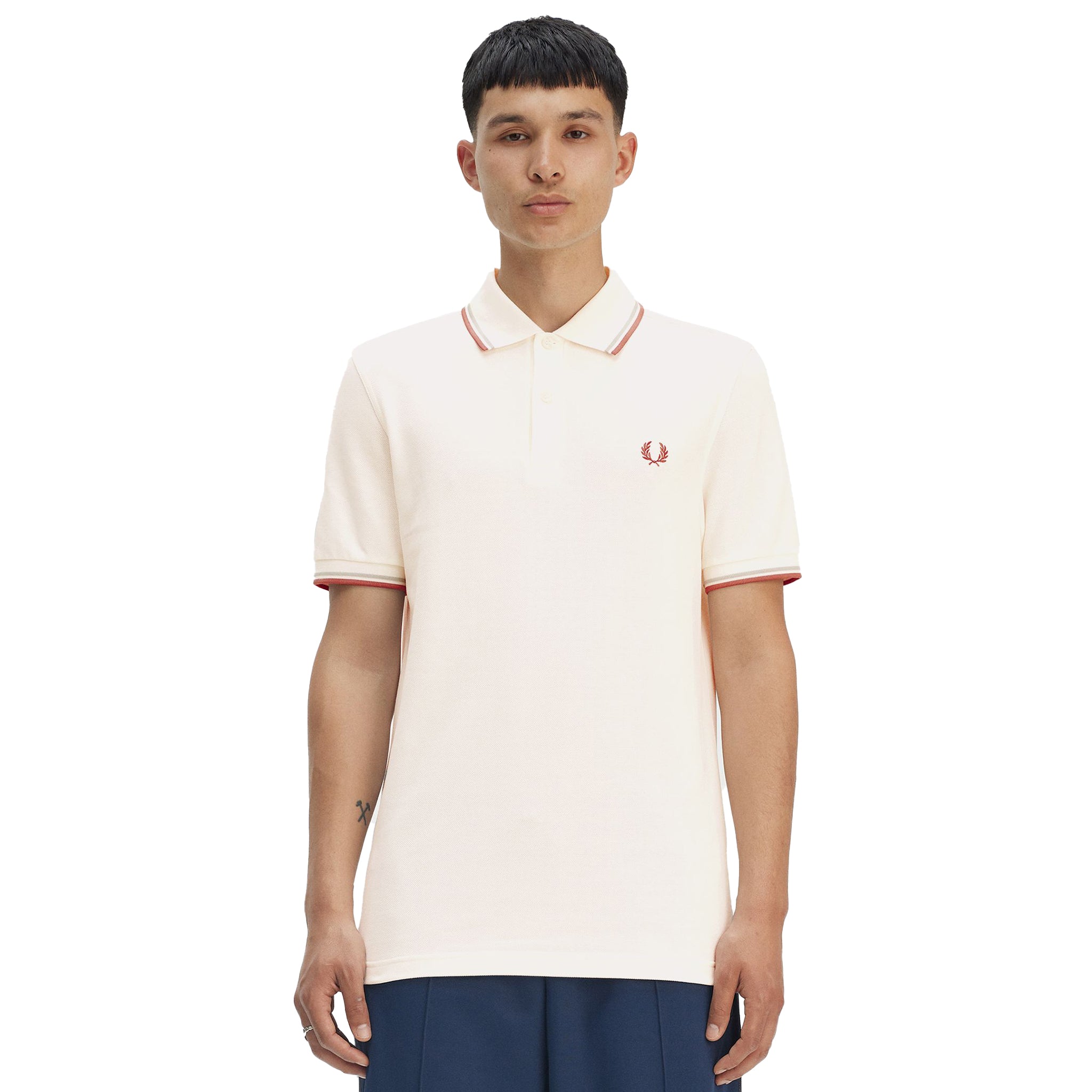 Mens Fred Perry Light Ecru/Silver Blue/Cinnamon Twin Tipped S/s Polo