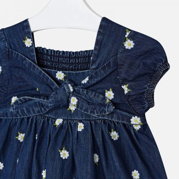 Girls Dark Blue Denim Daisy Bow Dress