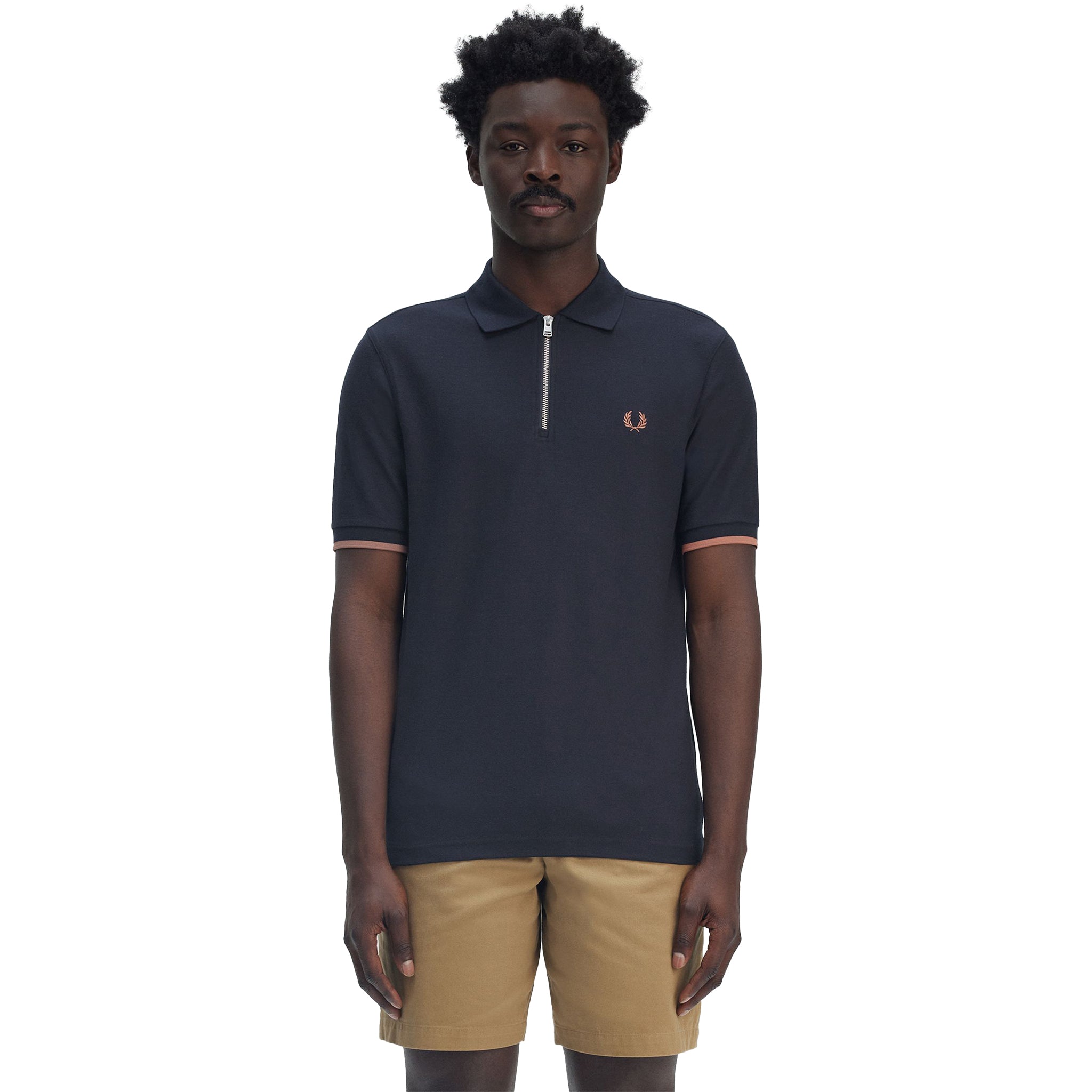 Mens Fred Perry Navy Crepe Pique Zip Neck S/s Polo