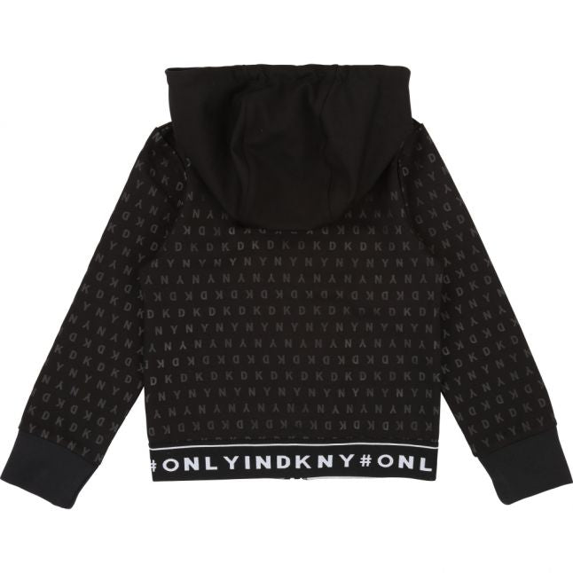 Girls Black Logo Print Hooded Zip Through Sweat Jacket