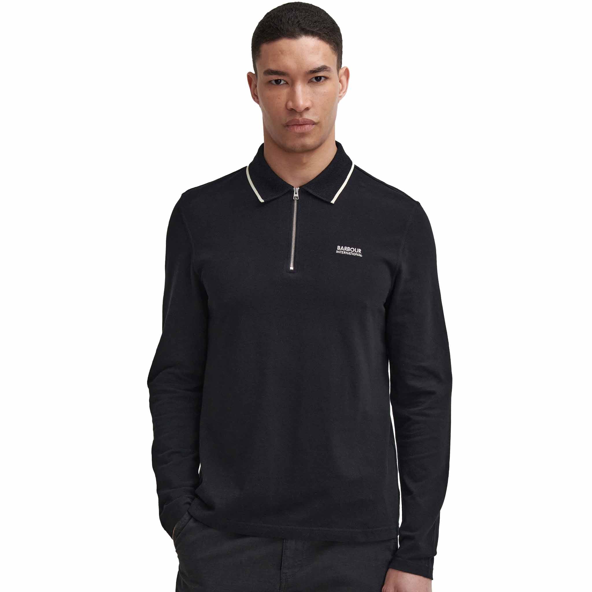 Mens Black Hampstead Zip Neck L/s Polo