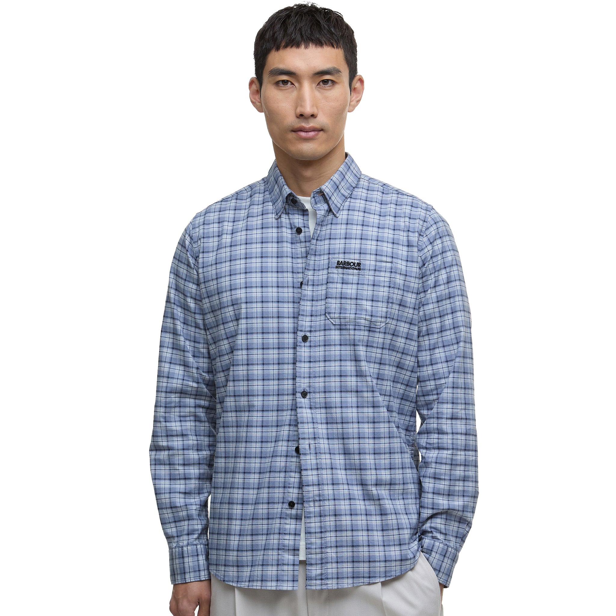 Mens Barbour International Washed Blue Hawks Check Oxford L/s Shirt