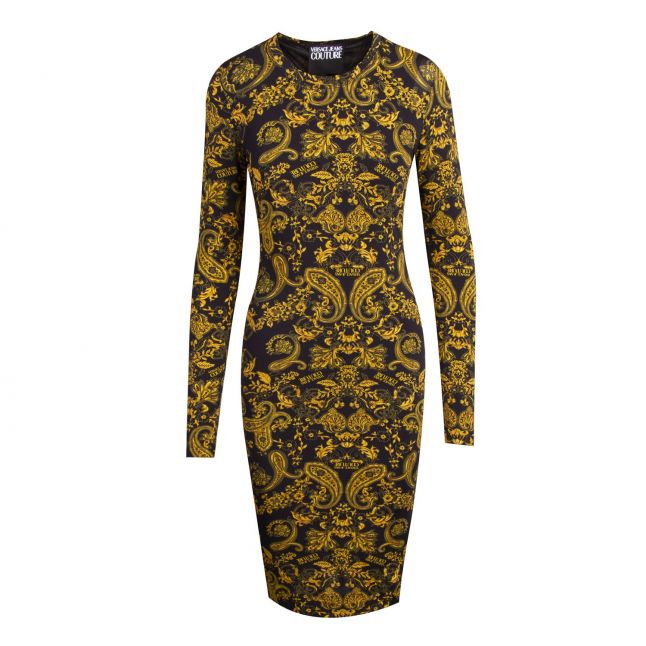 Womens Black Gold Paisley Print Midi Dress