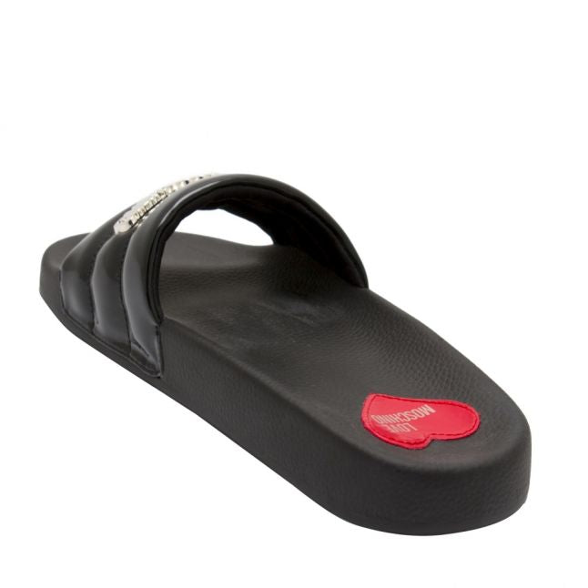 Womens Black Patent Logo Slides