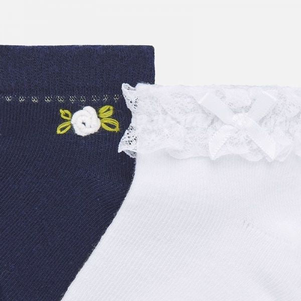 Infant Navy/White Frill & Flower 2 Pack Socks